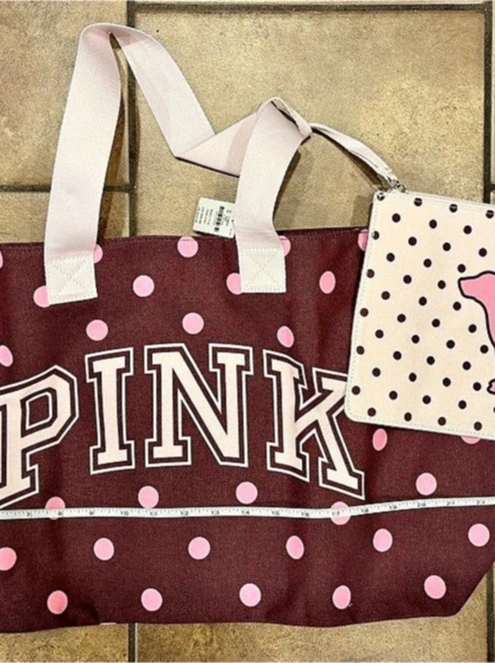 PINK Victoria's Secret Canvas Tote Bag & Wristlet Pouch Set Pink & Brown